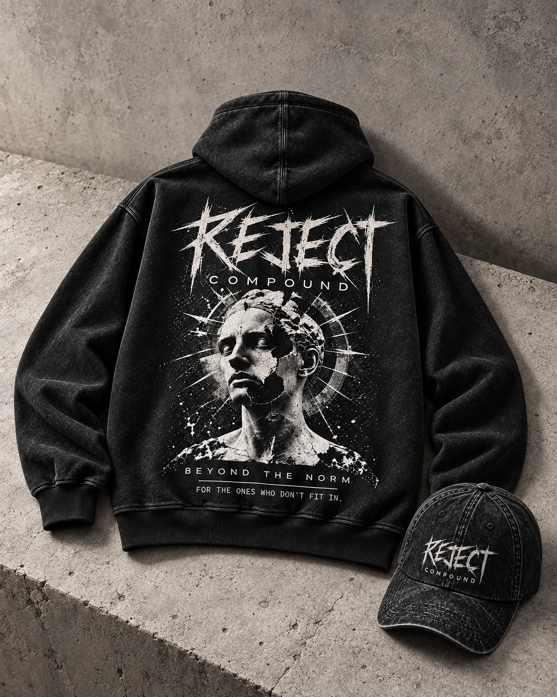 AI-generated Reject Compound campaign product mockup